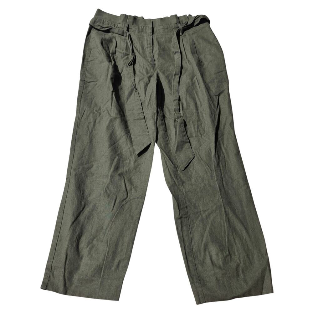 Boden Women pants army green tie waist paperbag linen blend 8R size 8 lagenlook